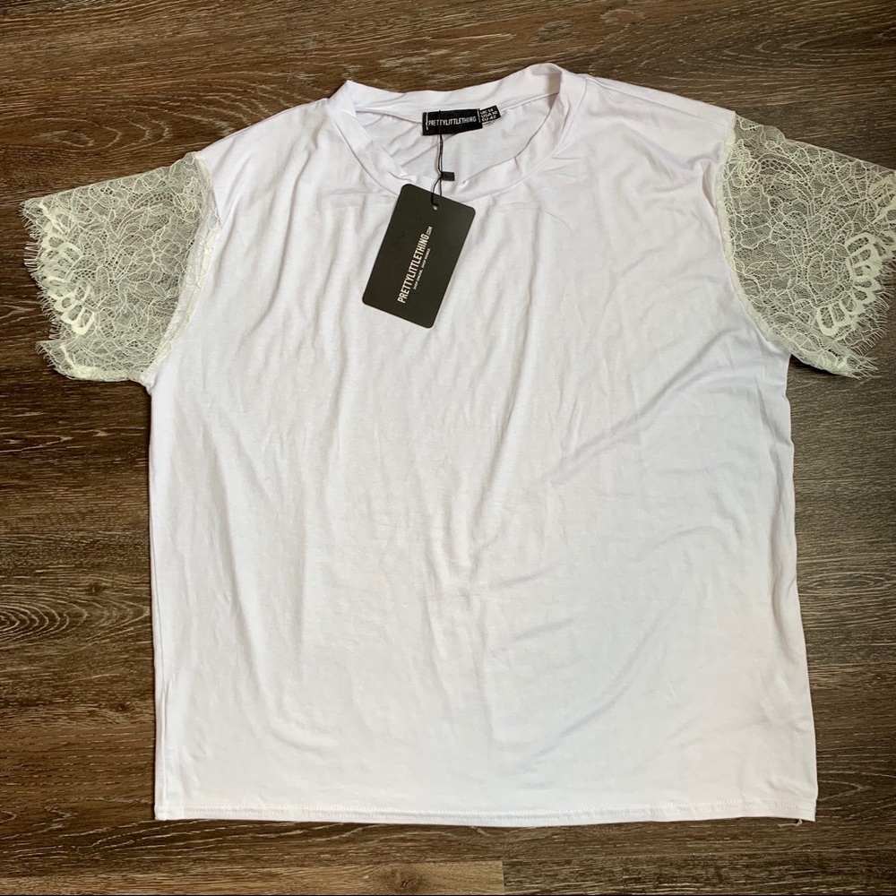 Pretty Little Thing White Tee with Lace Sleeves 10